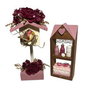 Decorative Miniature Birdhouse & Bathroom Shelf Set Pink